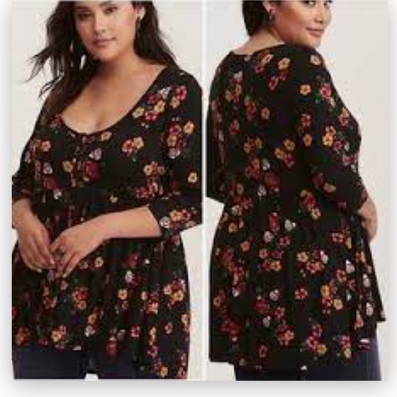 TORRID Size 1 black floral button down baby doll style 3/4 sleeve 🔝 - Picture 2 of 15